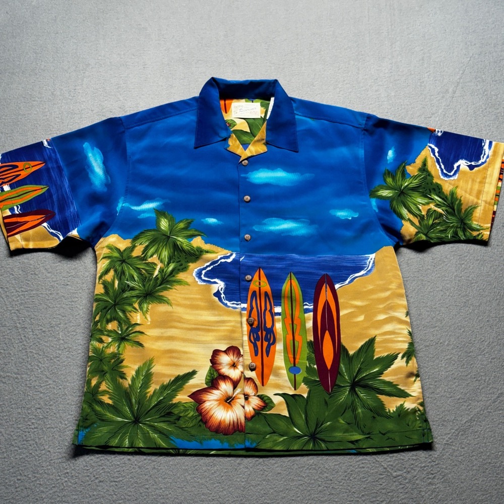 Reservoir Hawaiian Shirt Mens Large Blue Surfboard Palm Tree Beach Print Aloha